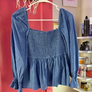 Elegant Denim Blue Smocked Blouse
